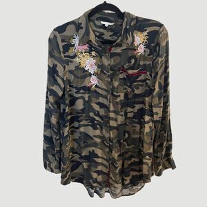 Mystree Embroidered Camouflage Button Up Shirt Long Sleeve Multicolor Small